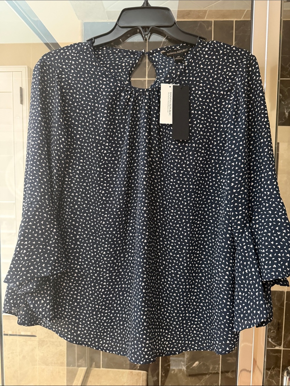 Banana Republic Navy Micro-Print Keyhole Blouse